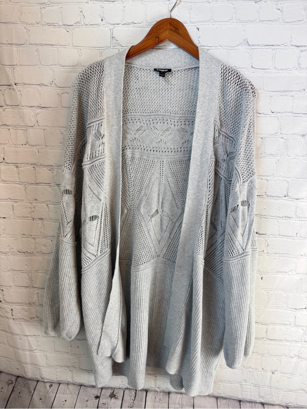 Express Light Gray Open-Front Knit Cardigan with Geometric Knit